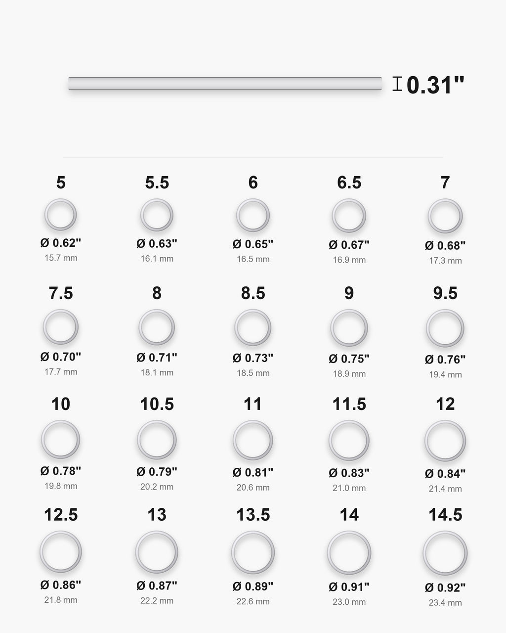 Atlas ring sizes 5 to 14.5 with inner diameters from 0.62 to 0.92 inch [u:in]