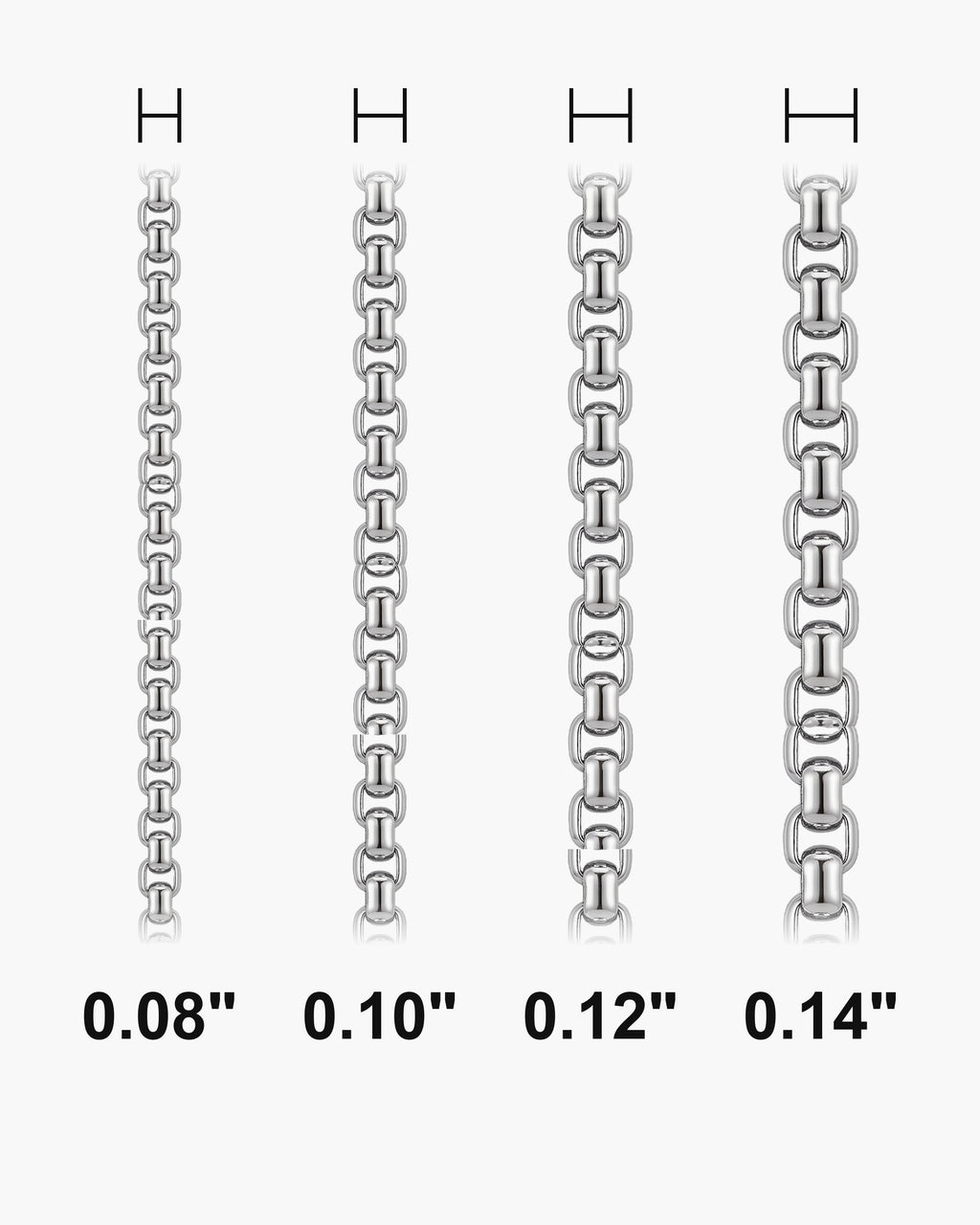 Atlas round box chain widths side by side at true scale, in inches: 0.08 to 0.14 inch [u:in]