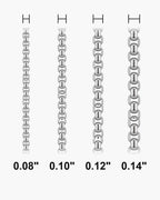 Atlas round box chain widths side by side at true scale, in inches: 0.08 to 0.14 inch [u:in]