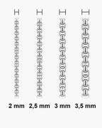 Atlas round box chain widths side by side at true scale: 2, 2.5, 3 and 3.5 mm [u:mm]