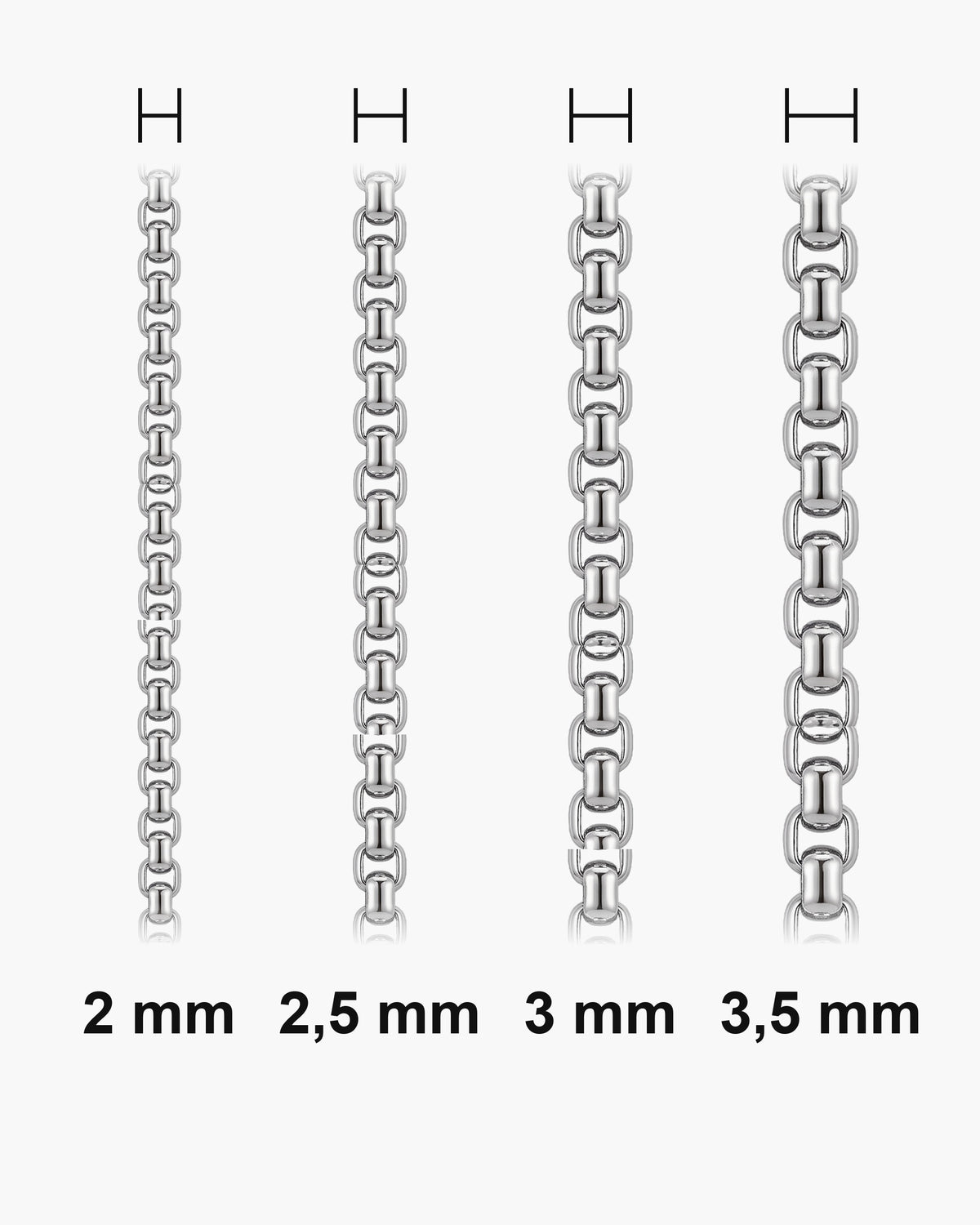 Atlas round box chain widths side by side at true scale: 2, 2.5, 3 and 3.5 mm [u:mm]
