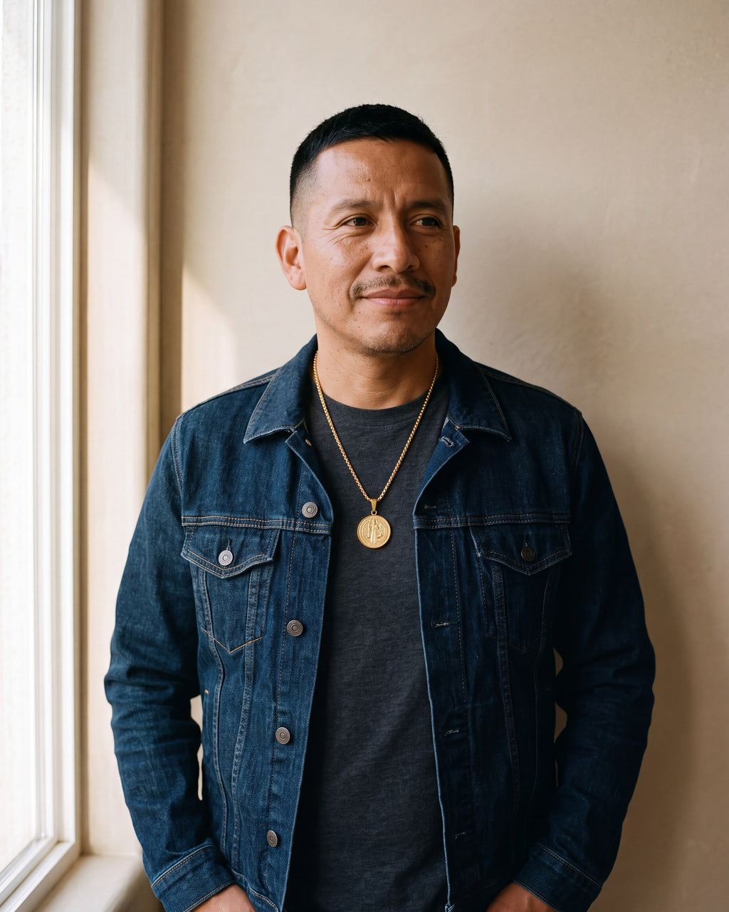 Second man in a dark indigo denim jacket open over a charcoal crew-neck t-shirt wearing the gold-tone Atlas saint benedict medal necklace