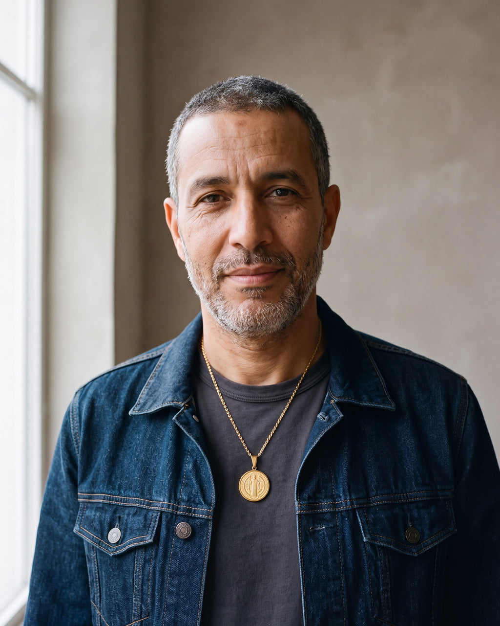 Man in a denim jacket over a charcoal t-shirt wearing the Atlas two-sided Saint Benedict medal necklace in gold-tone steel