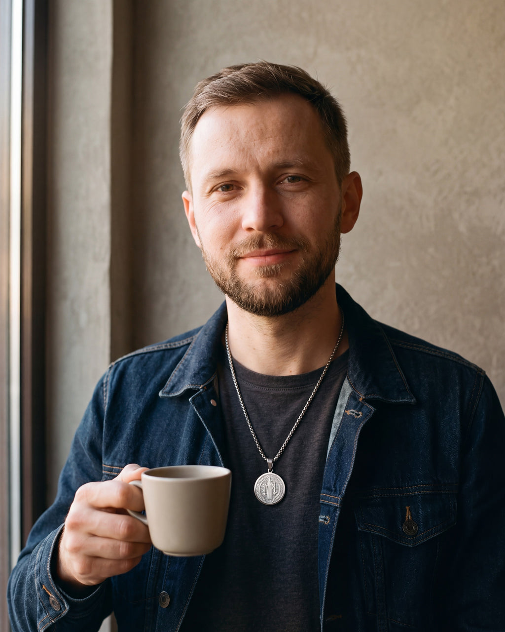 Man in a dark indigo denim jacket open over a charcoal crew-neck t-shirt by a window wearing the silver-tone Atlas saint benedict medal necklace