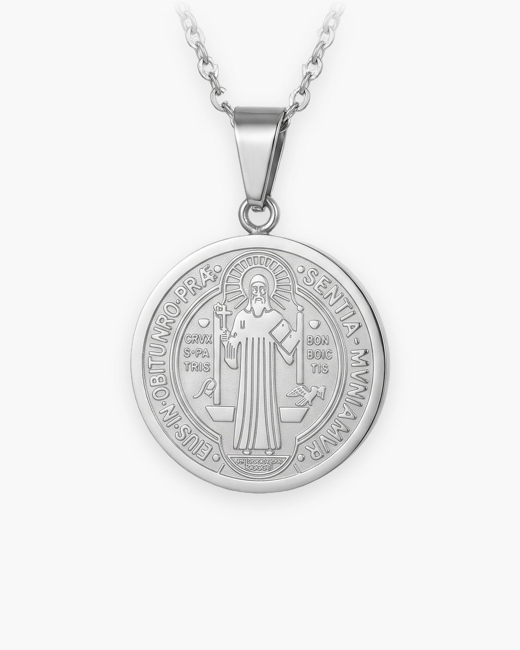 Atlas two-sided Saint Benedict medal necklace in silver-tone stainless steel [c:silver]