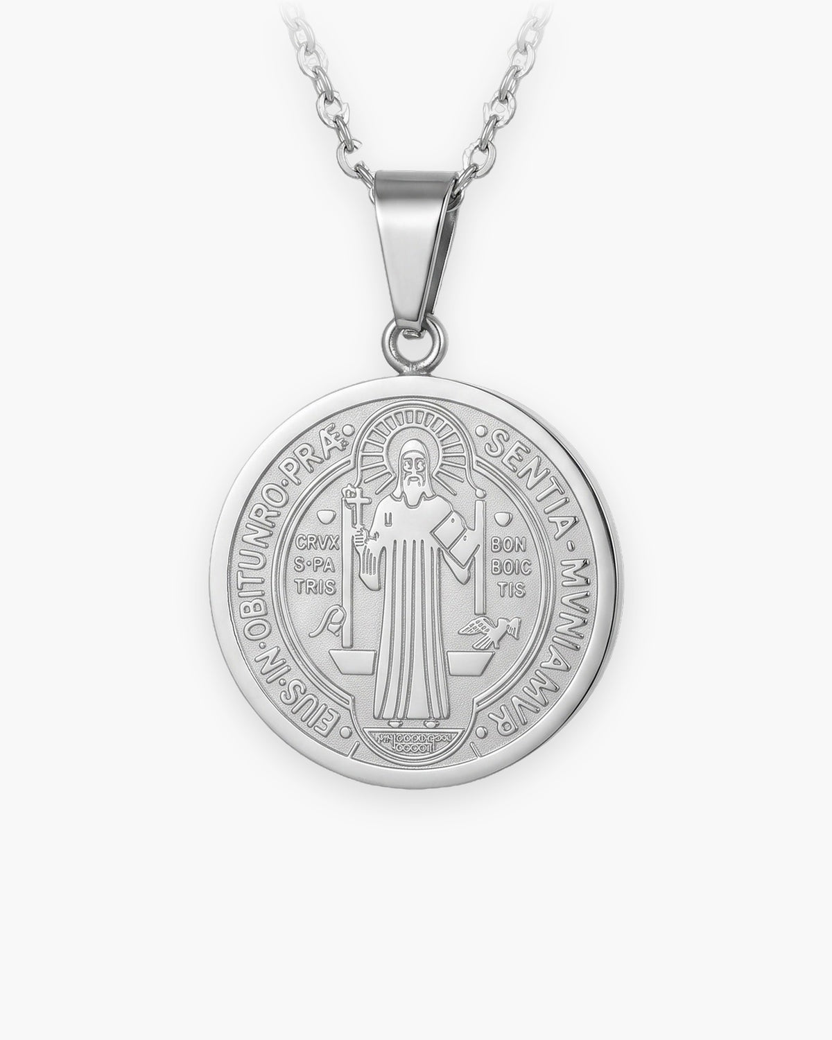 Atlas two-sided Saint Benedict medal necklace in silver-tone stainless steel [c:silver]