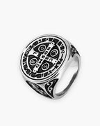 Atlas Saint Benedict signet ring in antiqued silver stainless steel [c:silver]