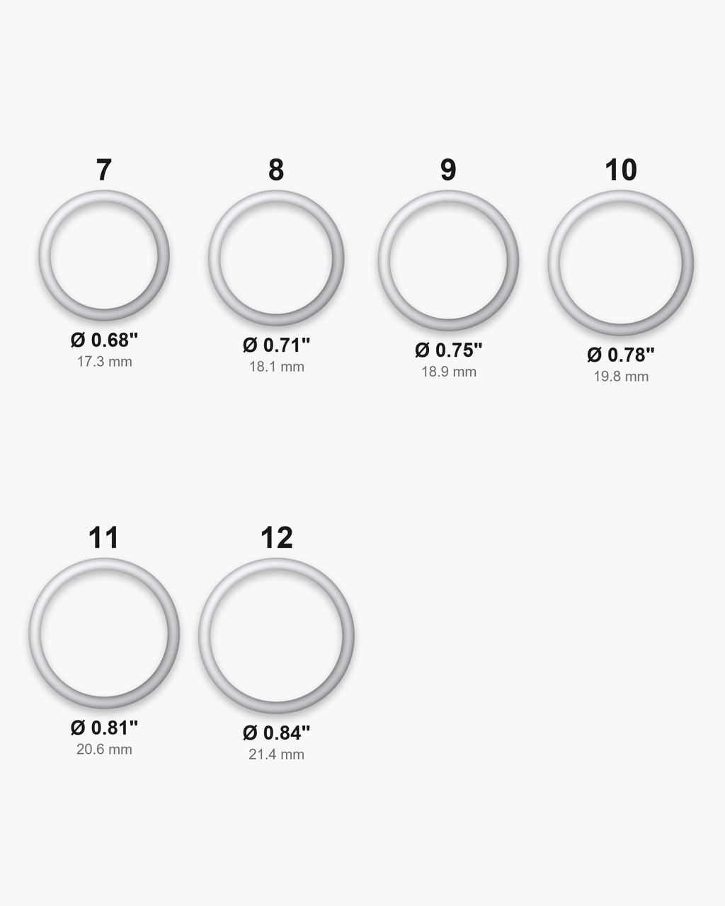 Atlas ring sizes 7 to 12 with inner diameters from 0.68 to 0.84 inch [u:in]