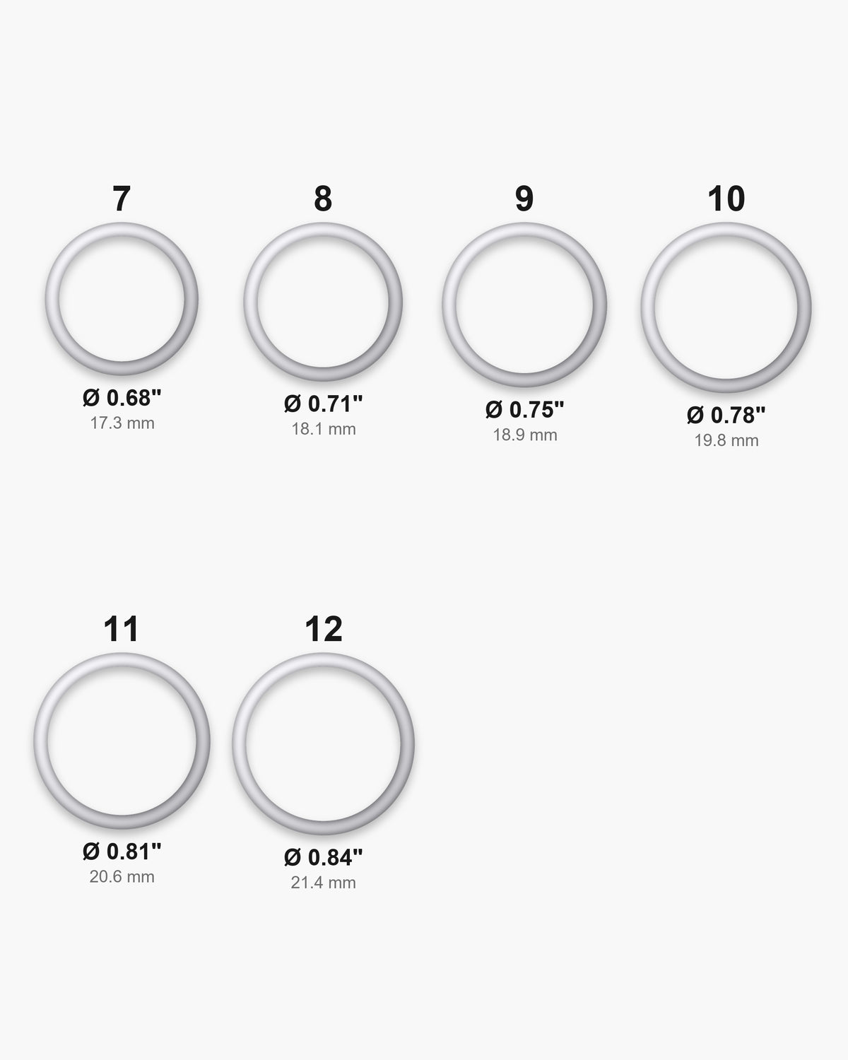 Atlas ring sizes 7 to 12 with inner diameters from 0.68 to 0.84 inch [u:in]
