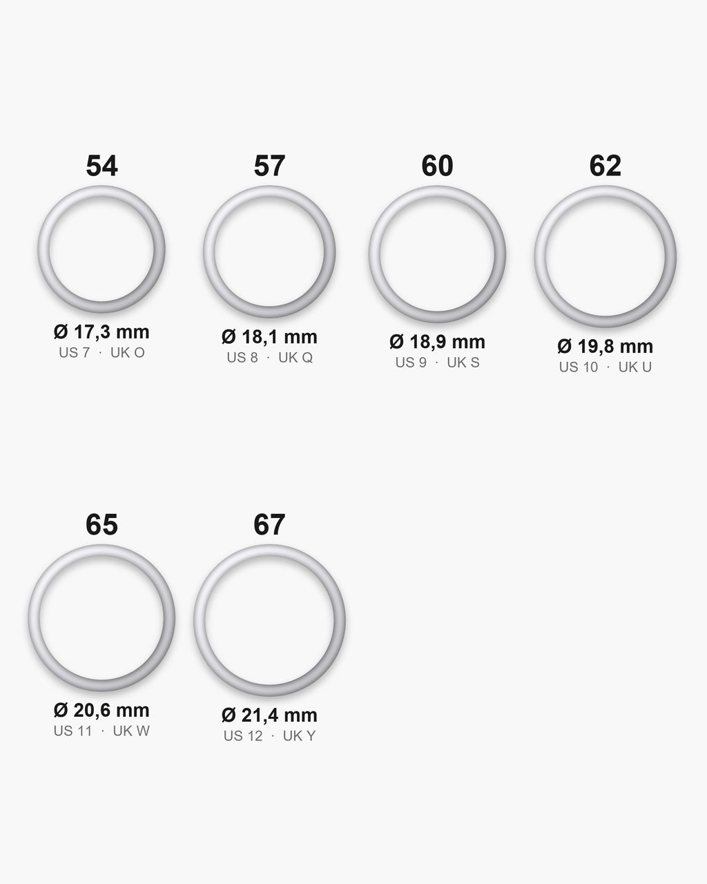 Atlas ring sizes EU 54 to 67 (US 7 to 12) with inner diameters from 17.3 to 21.4 mm [u:mm]