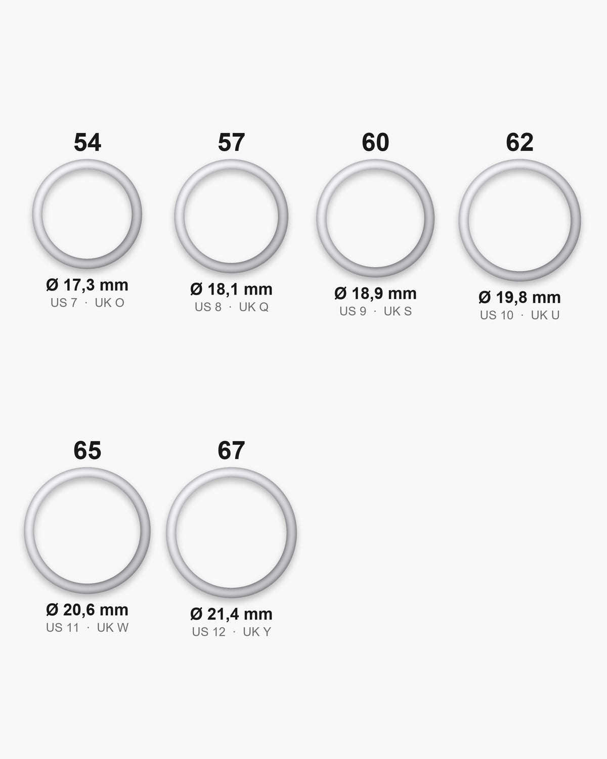 Atlas ring sizes EU 54 to 67 (US 7 to 12) with inner diameters from 17.3 to 21.4 mm [u:mm]