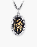 Atlas Saint Christopher oval pendant necklace in silver-tone stainless steel [c:silver]