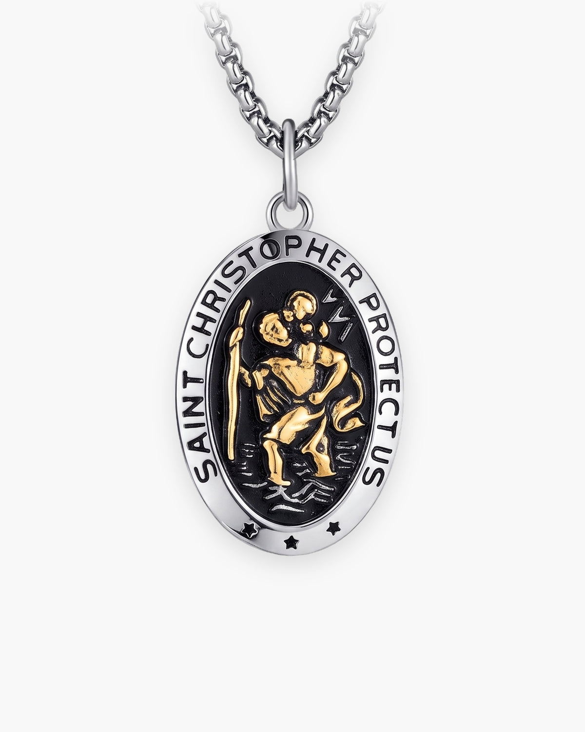 Atlas Saint Christopher oval pendant necklace in silver-tone stainless steel [c:silver]