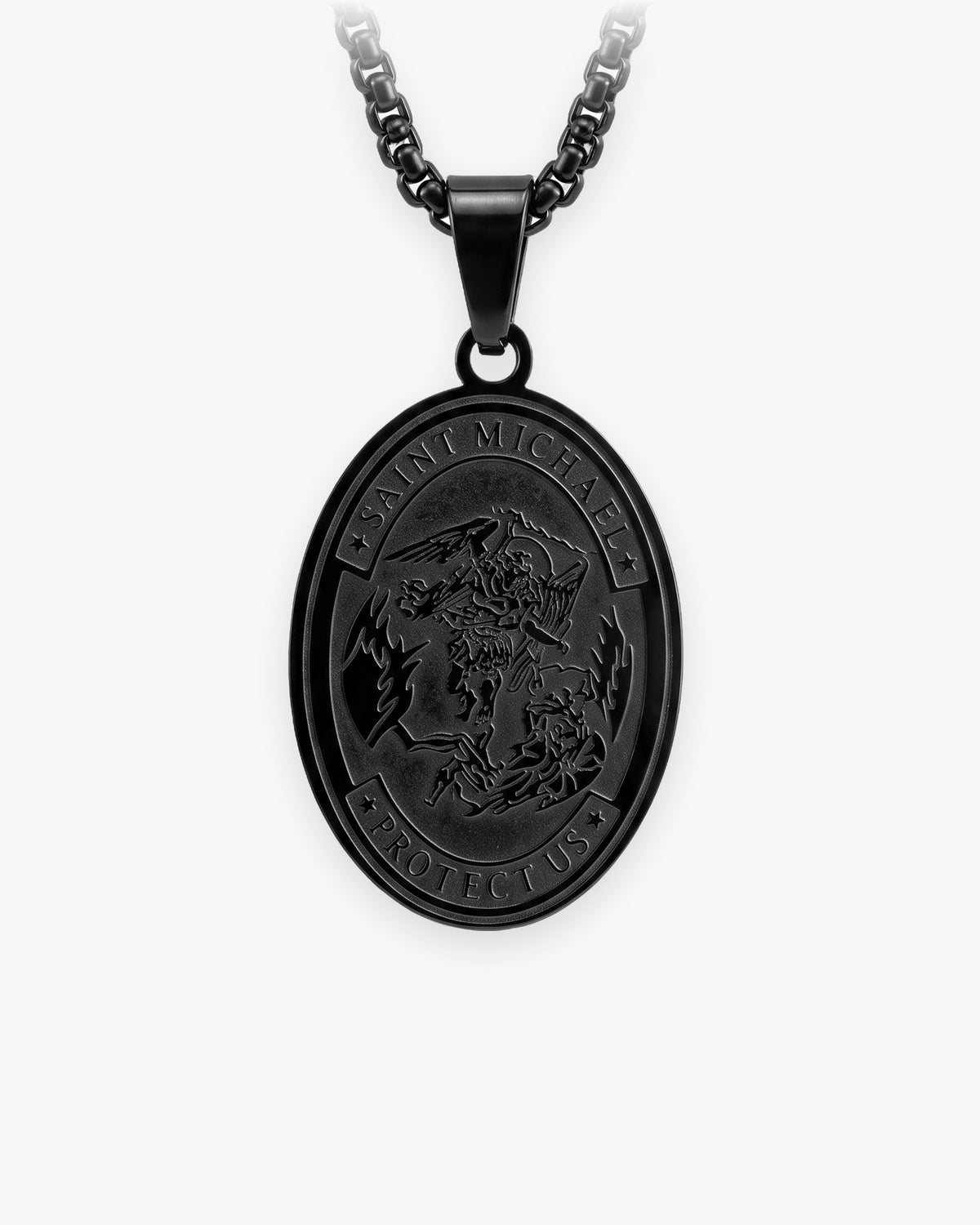 Atlas Saint Michael oval pendant necklace in black titanium steel [c:black]