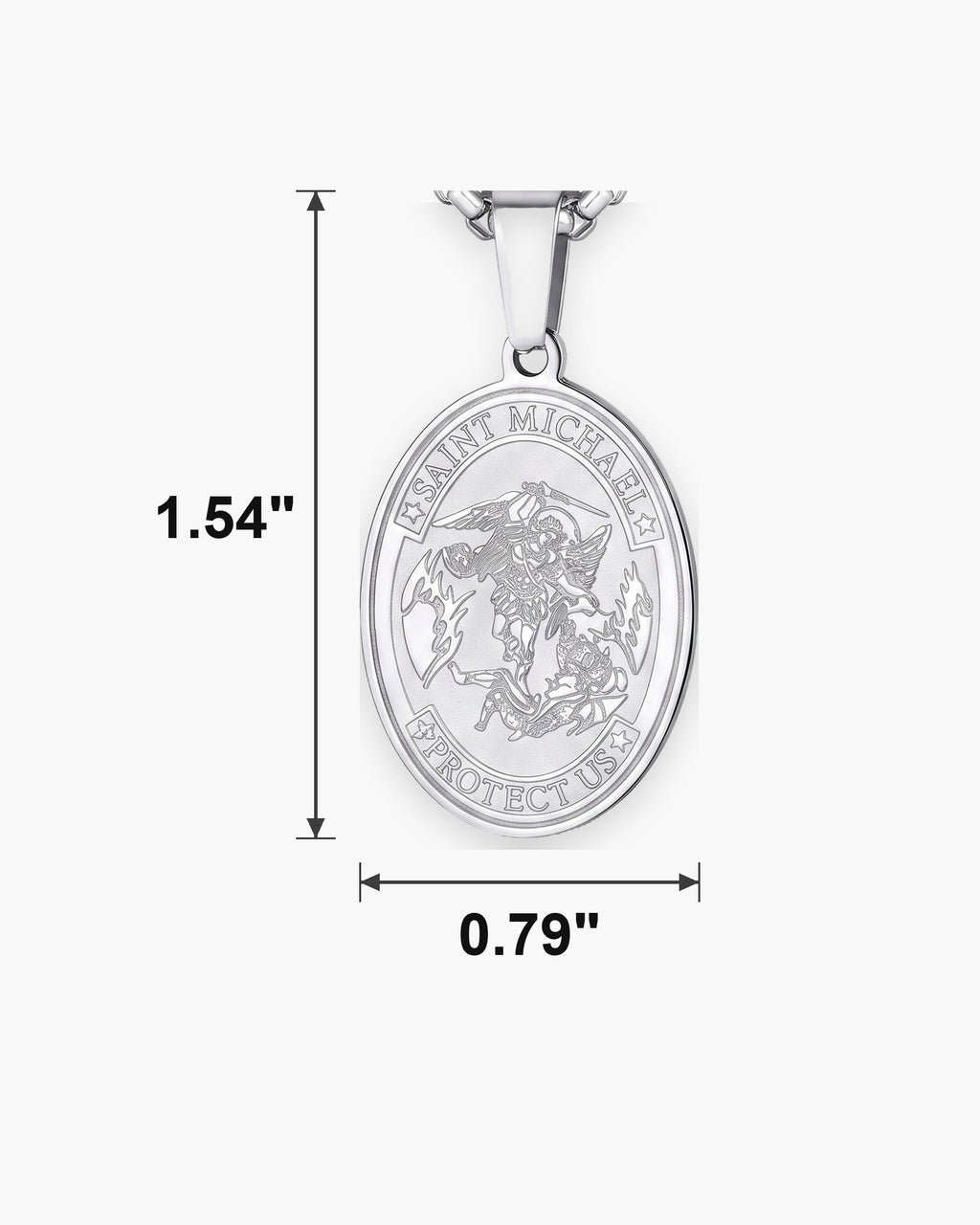 Atlas Saint Michael oval pendant necklace dimensions at true scale: 0.79 x 1.54 inch [u:in]