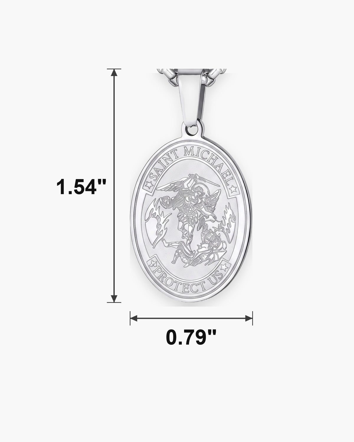 Atlas Saint Michael oval pendant necklace dimensions at true scale: 0.79 x 1.54 inch [u:in]