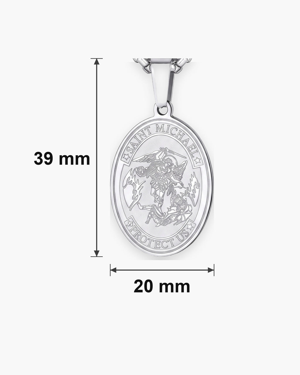 Atlas Saint Michael oval pendant necklace dimensions at true scale: 20 x 39 mm [u:mm]