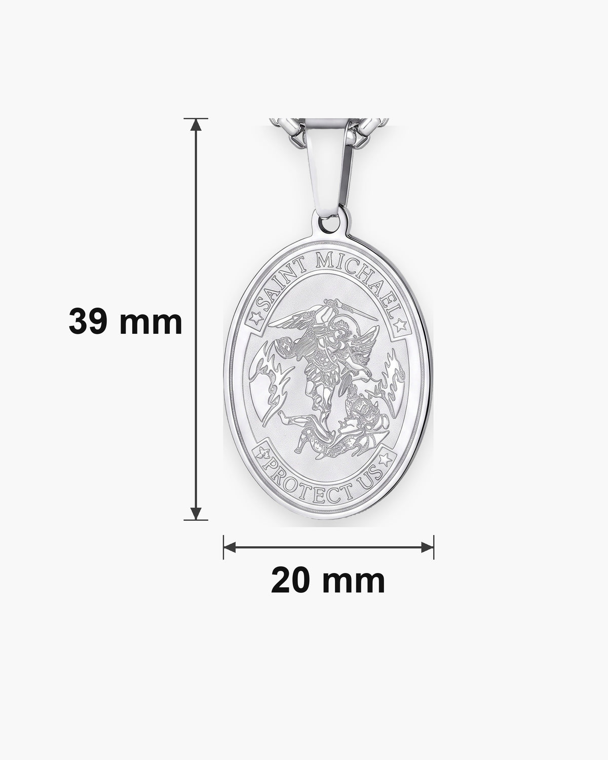 Atlas Saint Michael oval pendant necklace dimensions at true scale: 20 x 39 mm [u:mm]