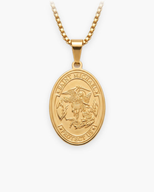 Atlas Saint Michael oval pendant necklace in gold-tone titanium steel [c:gold]