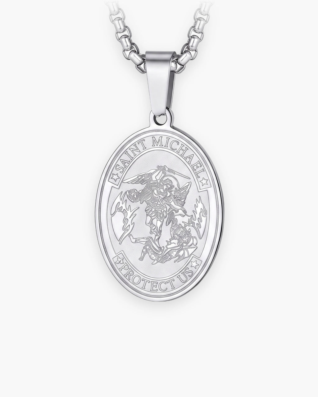 Atlas Saint Michael oval pendant necklace in silver-tone titanium steel [c:silver]