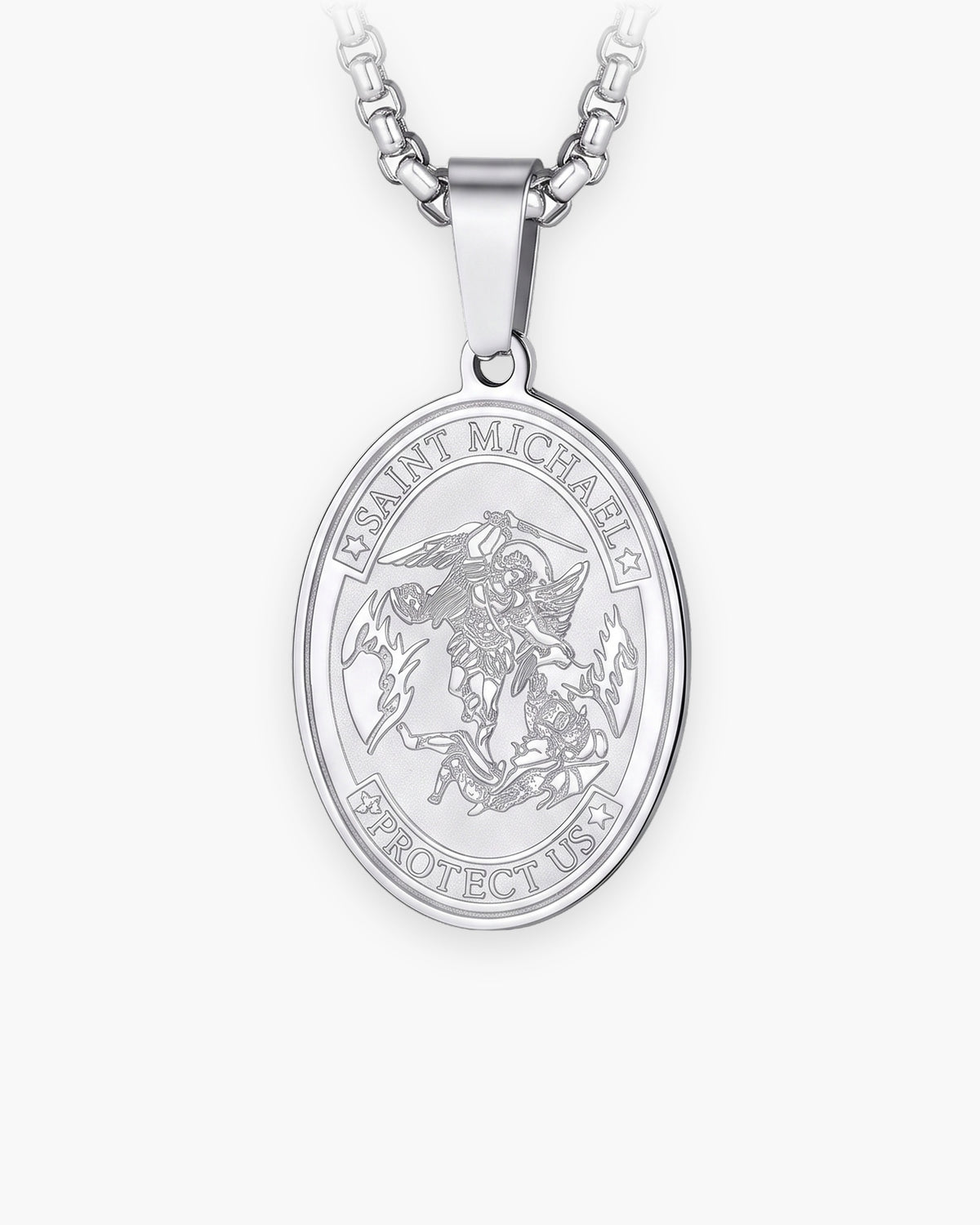 Atlas Saint Michael oval pendant necklace in silver-tone titanium steel [c:silver]