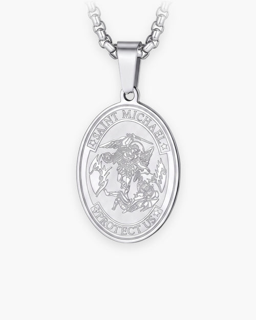 Atlas Saint Michael oval pendant necklace in silver-tone titanium steel [c:silver]