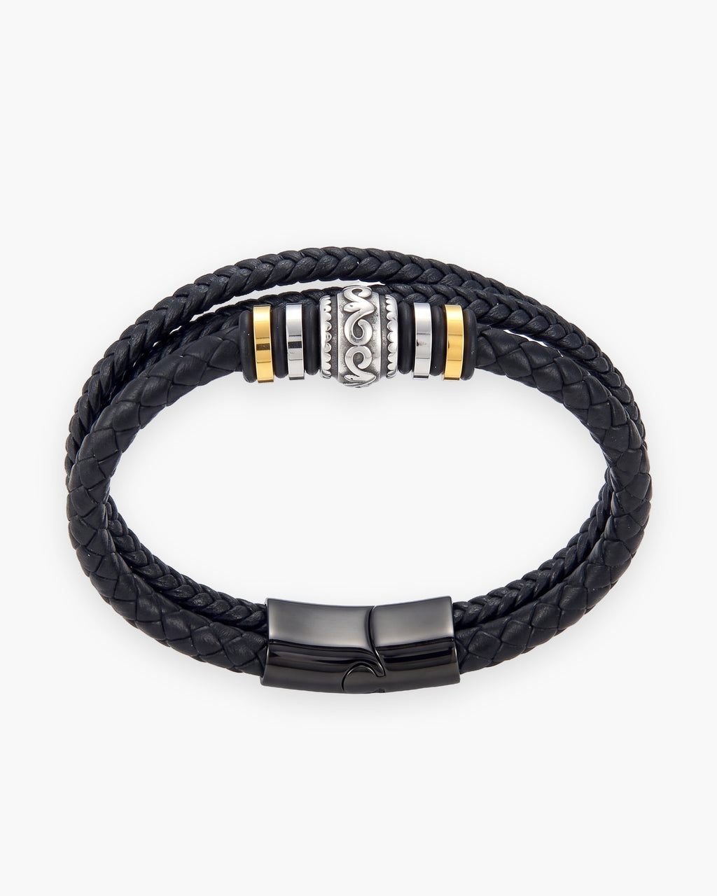 Atlas scrollwork bead braided leather bracelet in black leather and steel [c:black]