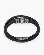 Atlas scrollwork bead braided leather bracelet in black leather and steel [c:black]