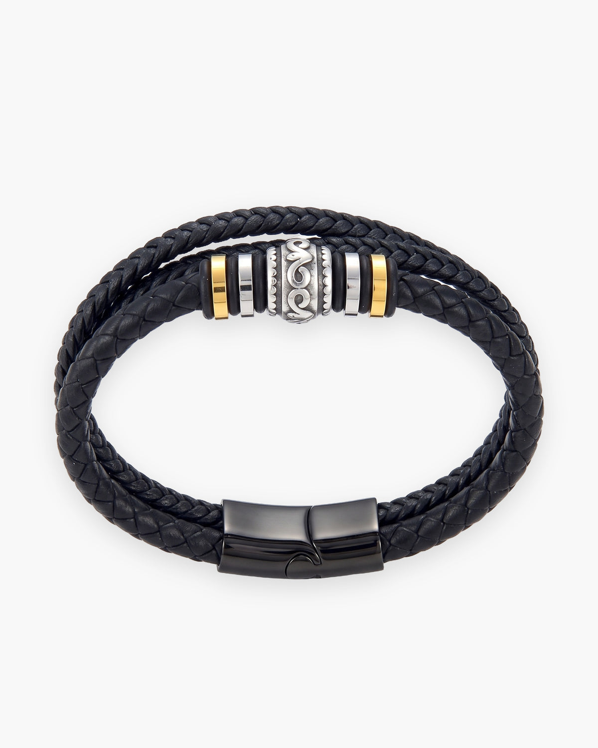 Atlas scrollwork bead braided leather bracelet in black leather and steel [c:black]
