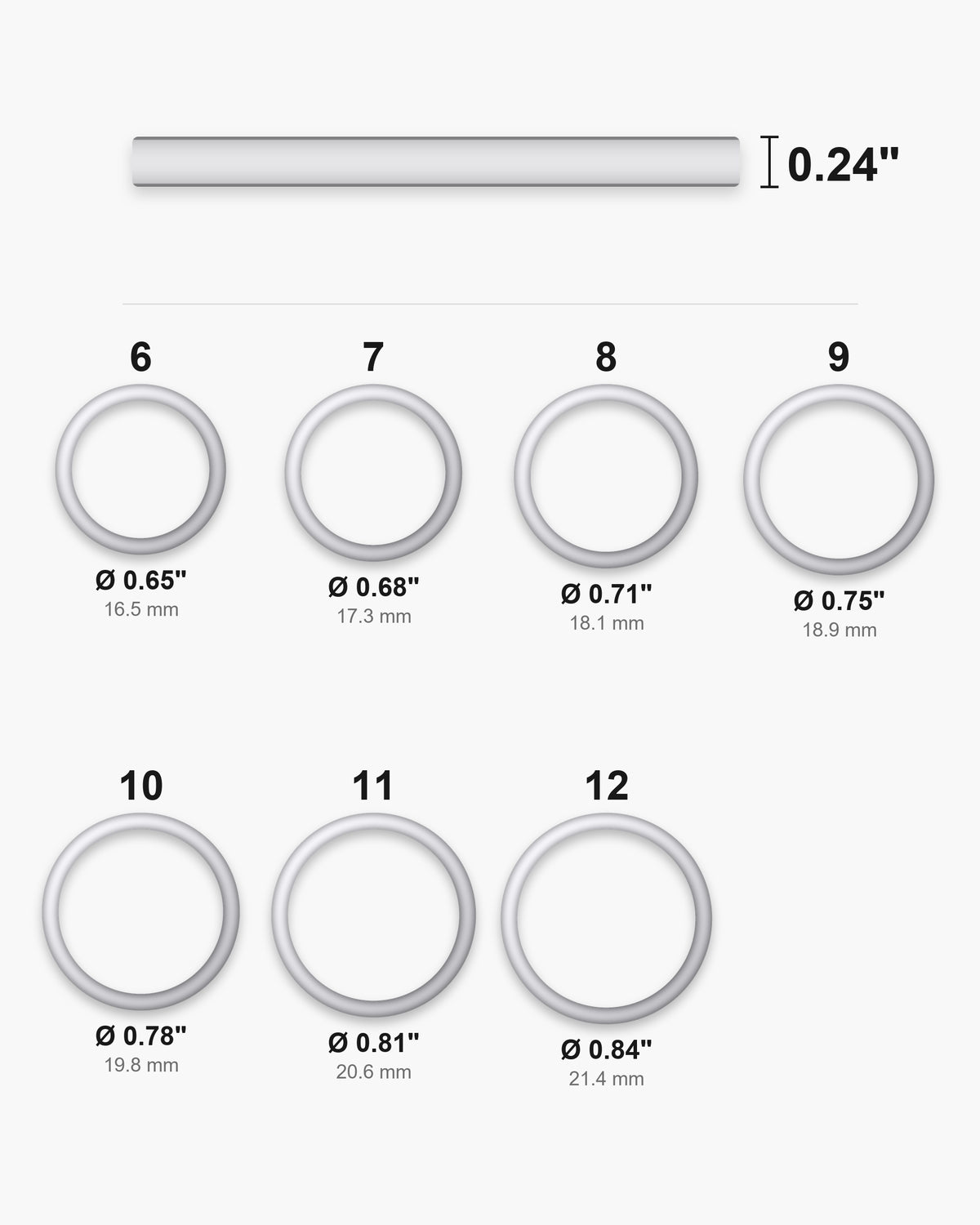 Atlas ring sizes 6 to 12 with inner diameters from 0.65 to 0.84 inch [u:in]