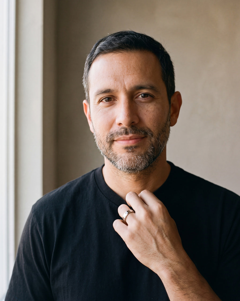 Man in a black T-shirt wearing the Atlas single cubic zirconia band