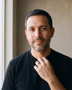 Man in a black T-shirt wearing the Atlas single cubic zirconia band