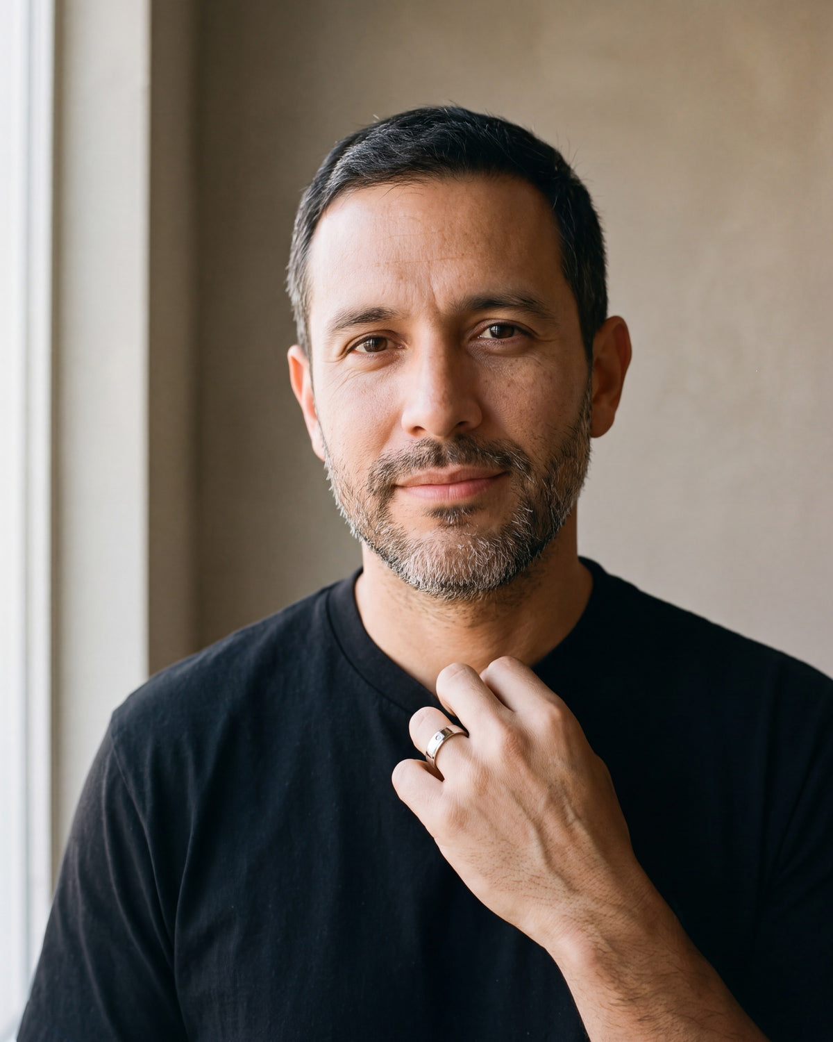 Man in a black T-shirt wearing the Atlas single cubic zirconia band