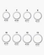 Atlas ring sizes 6 to 13 with inner diameters from 0.65 to 0.87 inch [u:in]