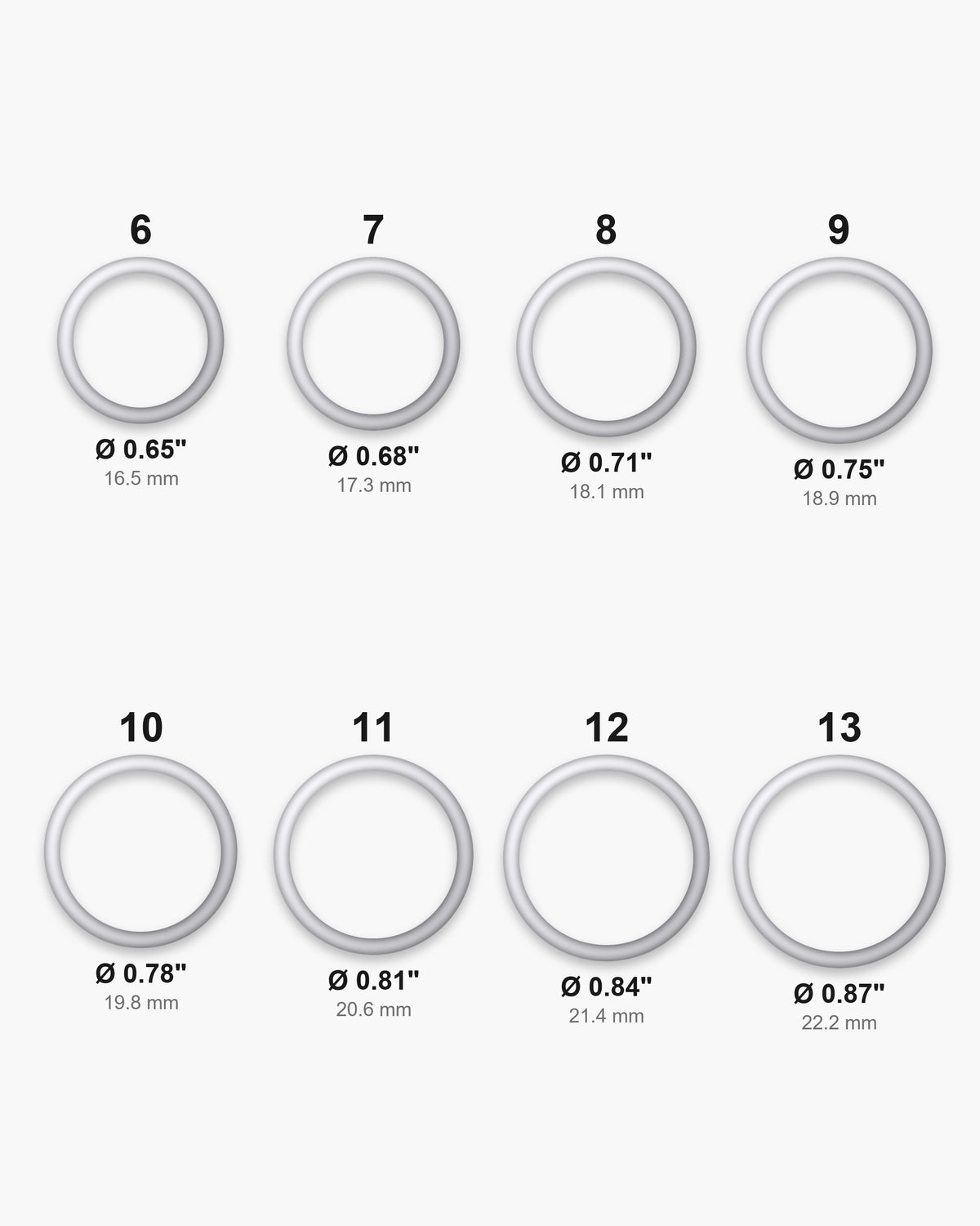 Atlas ring sizes 6 to 13 with inner diameters from 0.65 to 0.87 inch [u:in]