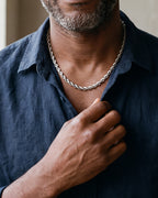 Close-up of the silver Atlas spiral rope chain worn by a man, shown at true size