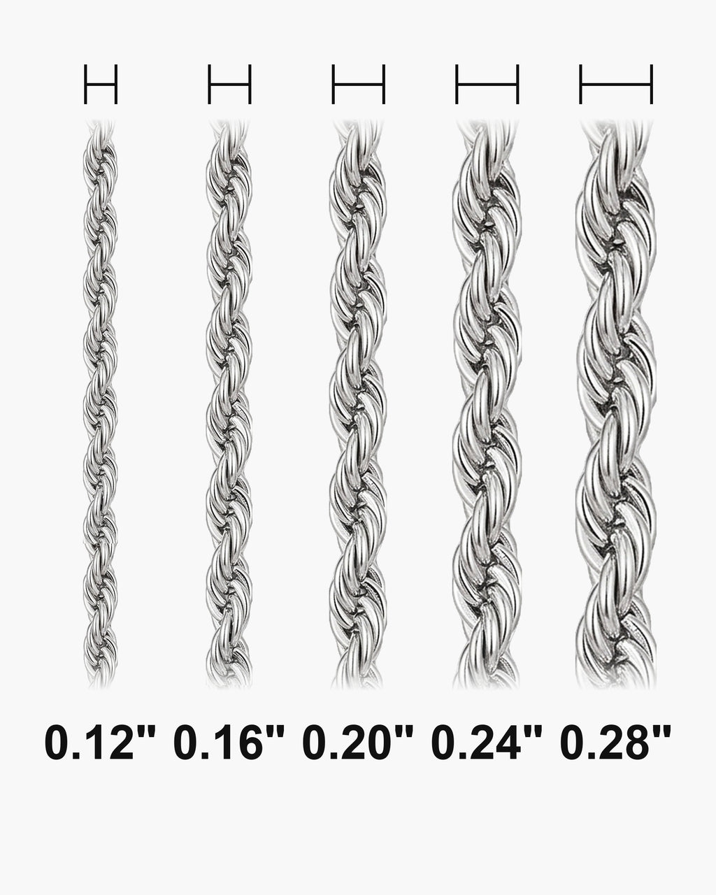Atlas rope chain widths side by side at true scale, in inches: 0.12 to 0.28 inch [u:in]