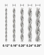 Atlas rope chain widths side by side at true scale, in inches: 0.12 to 0.28 inch [u:in]