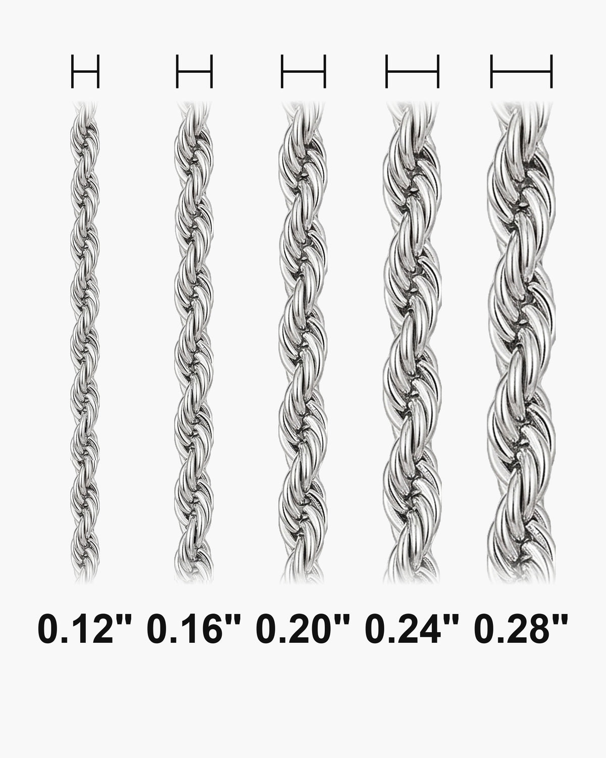 Atlas rope chain widths side by side at true scale, in inches: 0.12 to 0.28 inch [u:in]