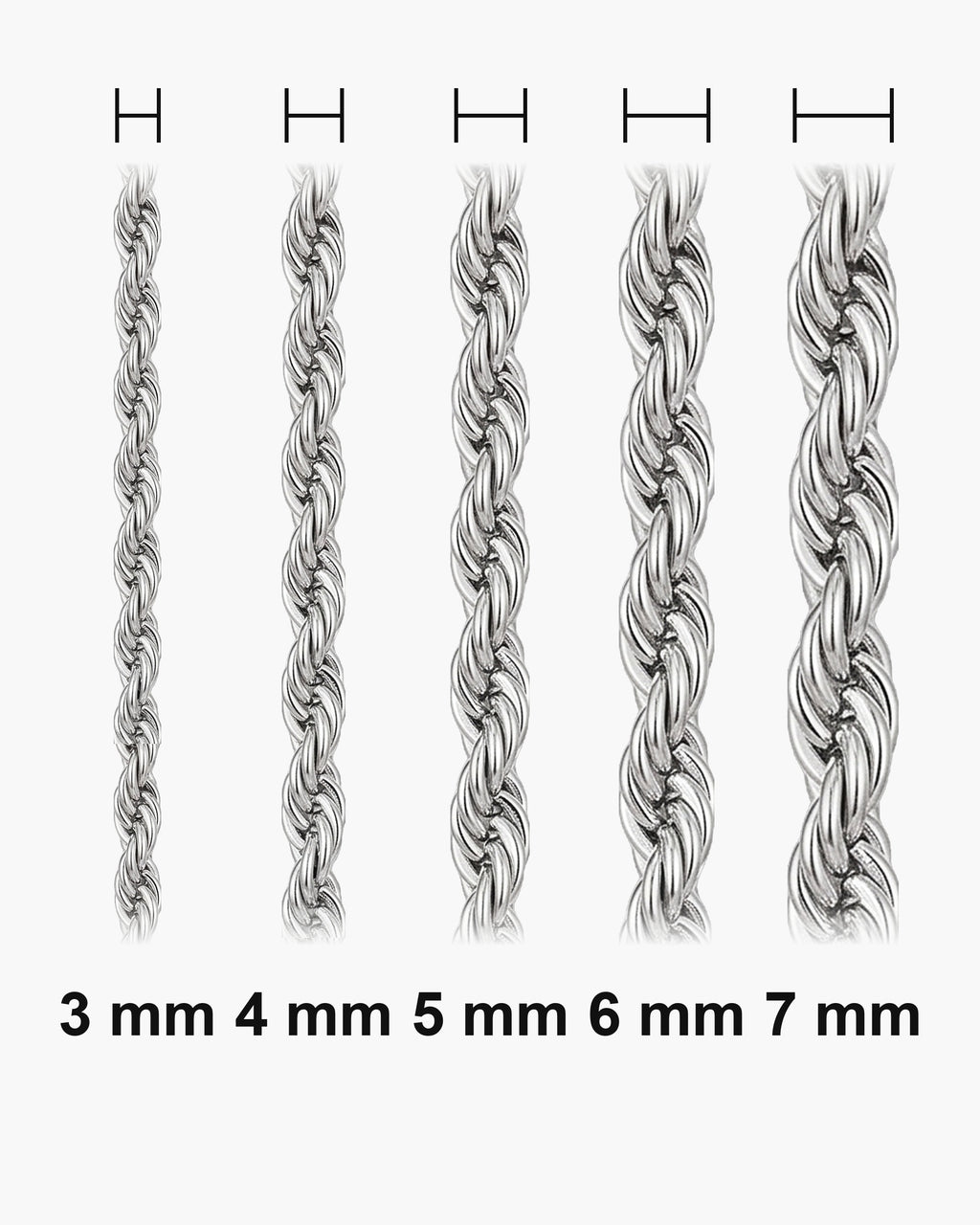 Atlas rope chain widths side by side at true scale: 3, 4, 5, 6 and 7 mm [u:mm]
