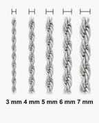 Atlas rope chain widths side by side at true scale: 3, 4, 5, 6 and 7 mm [u:mm]