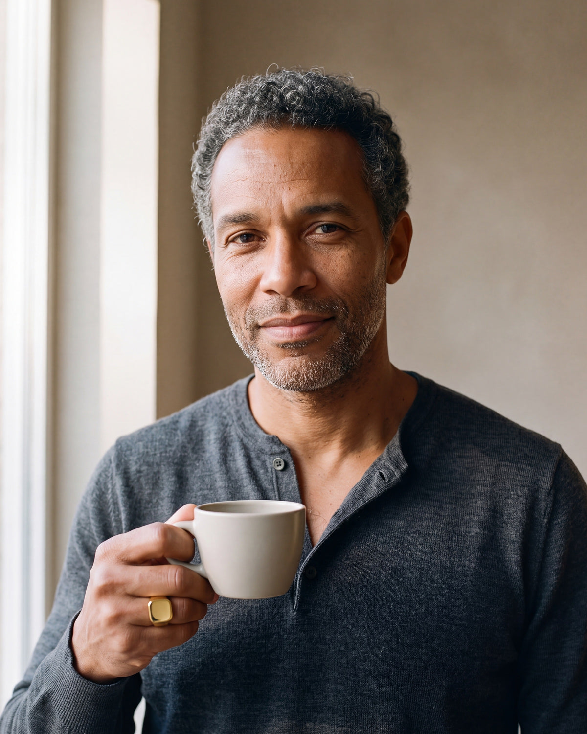 Man in a charcoal henley holding a coffee cup, wearing the polished gold-tone Atlas square signet ring