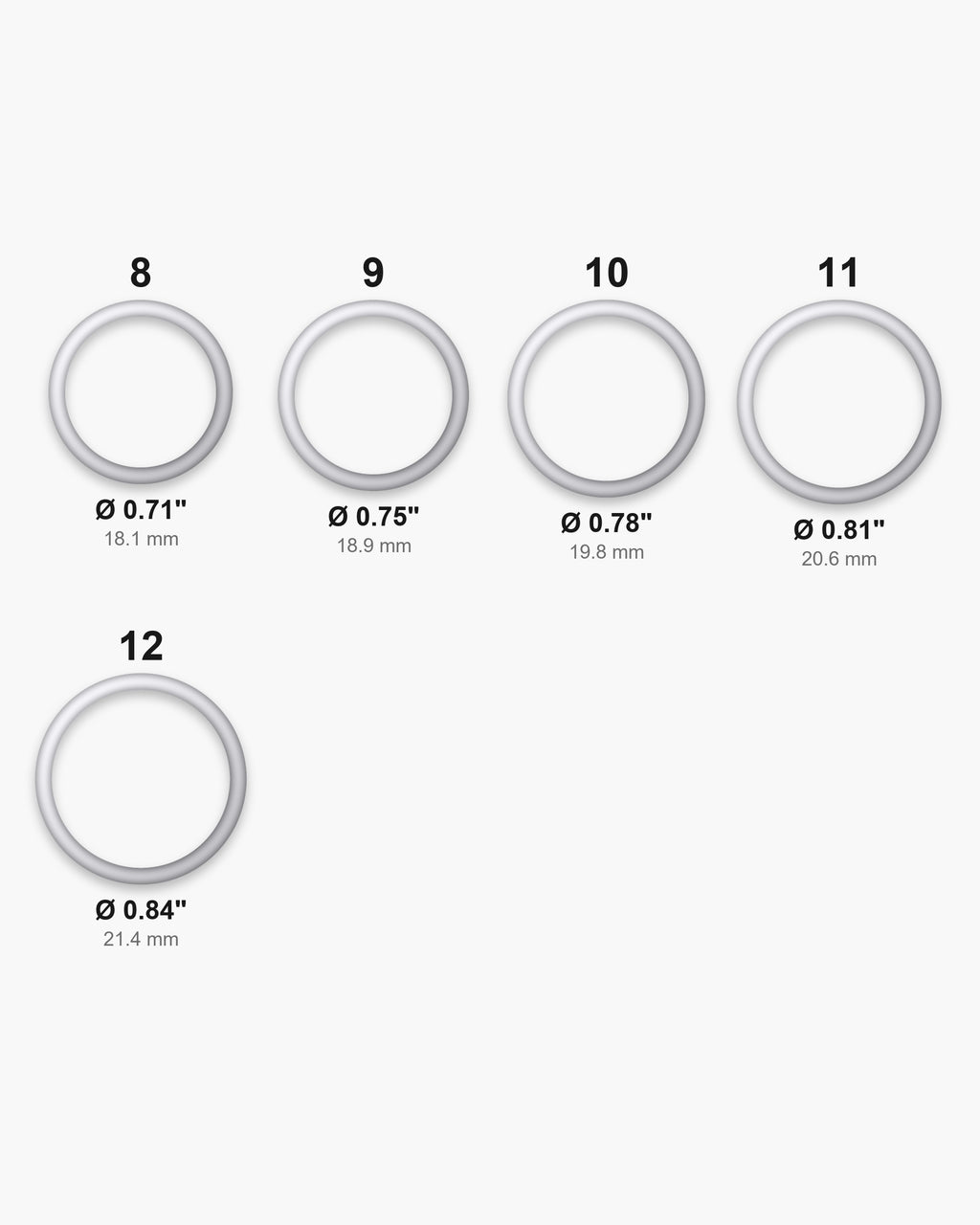 Atlas ring sizes 8 to 12 with inner diameters from 0.71 to 0.84 inch [u:in]