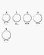 Atlas ring sizes 8 to 12 with inner diameters from 0.71 to 0.84 inch [u:in]