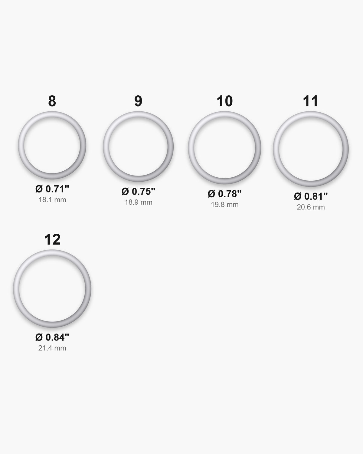 Atlas ring sizes 8 to 12 with inner diameters from 0.71 to 0.84 inch [u:in]
