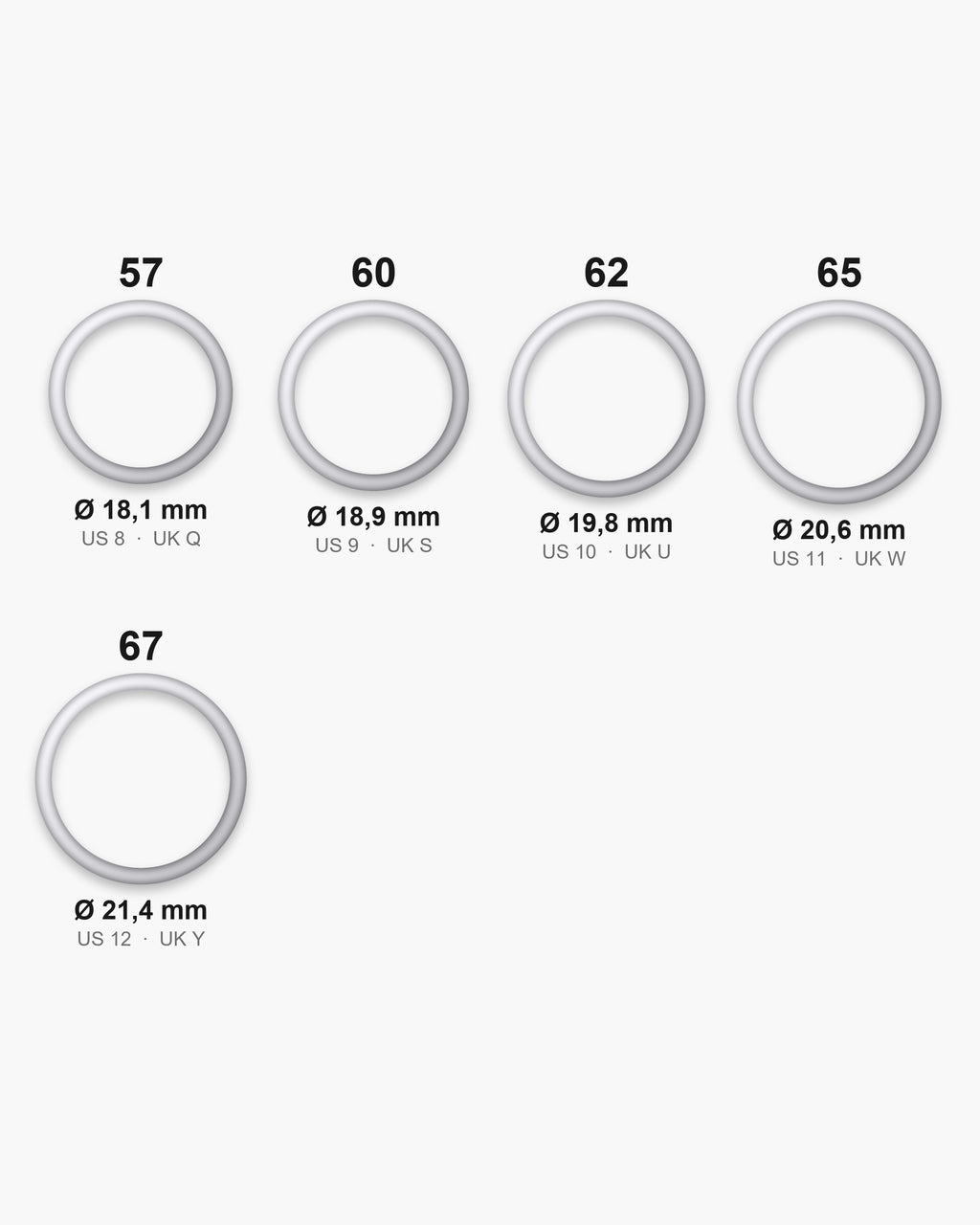 Atlas ring sizes EU 57 to 67 (US 8 to 12) with inner diameters from 18.1 to 21.4 mm [u:mm]