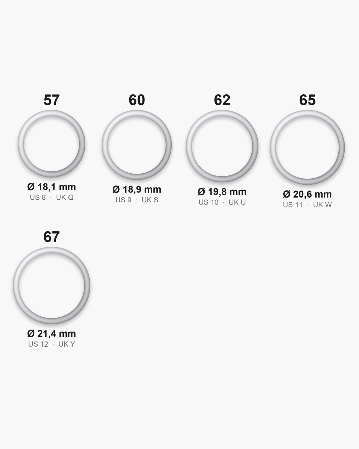Atlas ring sizes EU 57 to 67 (US 8 to 12) with inner diameters from 18.1 to 21.4 mm [u:mm]