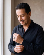 Man wearing the silver Atlas Stainless Steel Double Black Inlay Ring