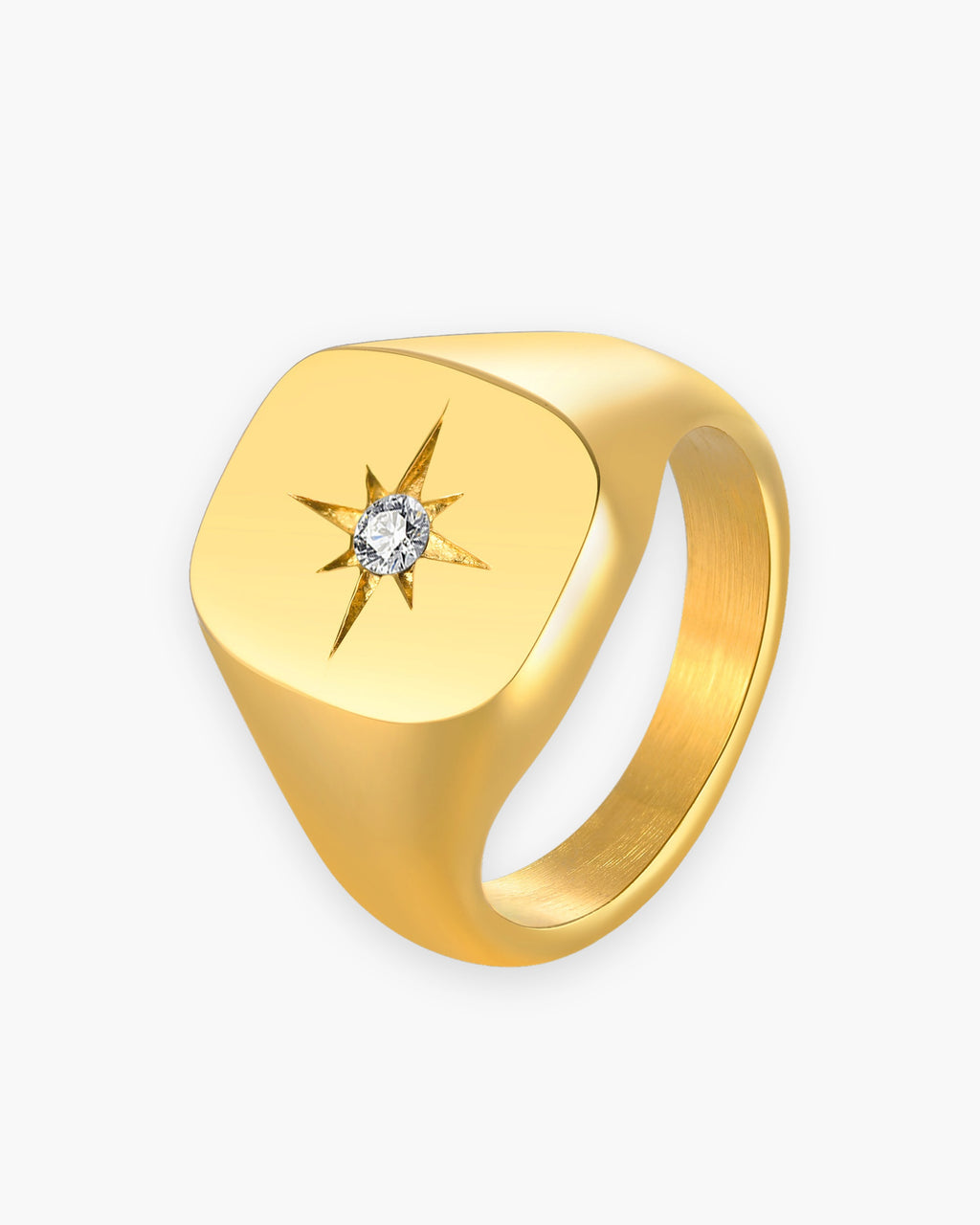 Atlas star signet ring in gold-tone stainless steel with one cubic zirconia [c:gold]