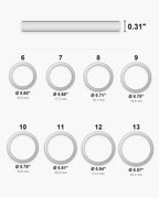 Atlas ring sizes 6 to 13 with inner diameters from 0.65 to 0.87 inch and the 0.31 inch band width [u:in]